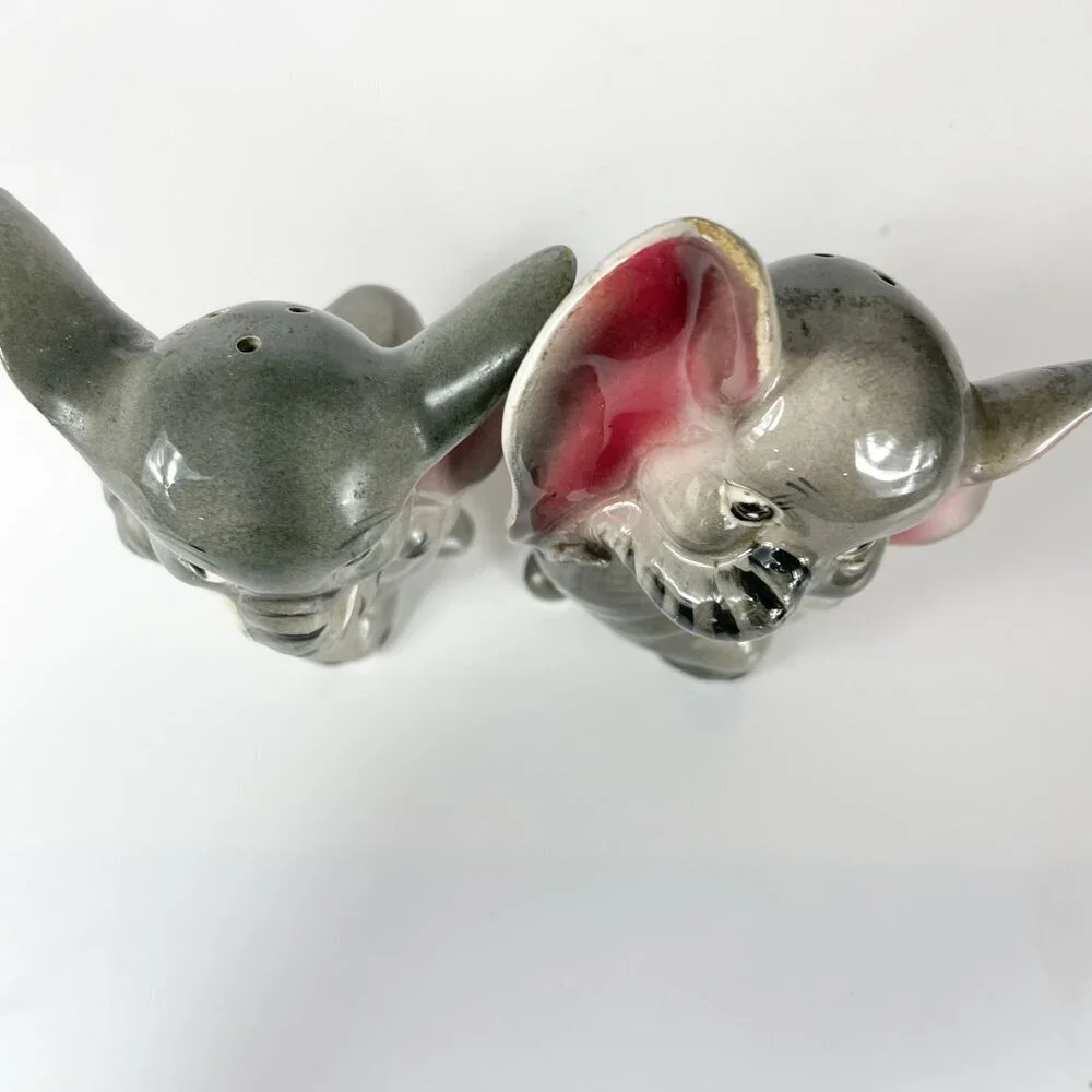 Vintage Elephant Gray Anthropomorphic Ceramic Salt  Pepper Shakers